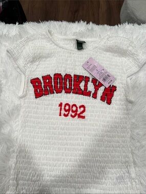 wild fable White Smocked Tee with Red Brooklyn 1992 Embroidery